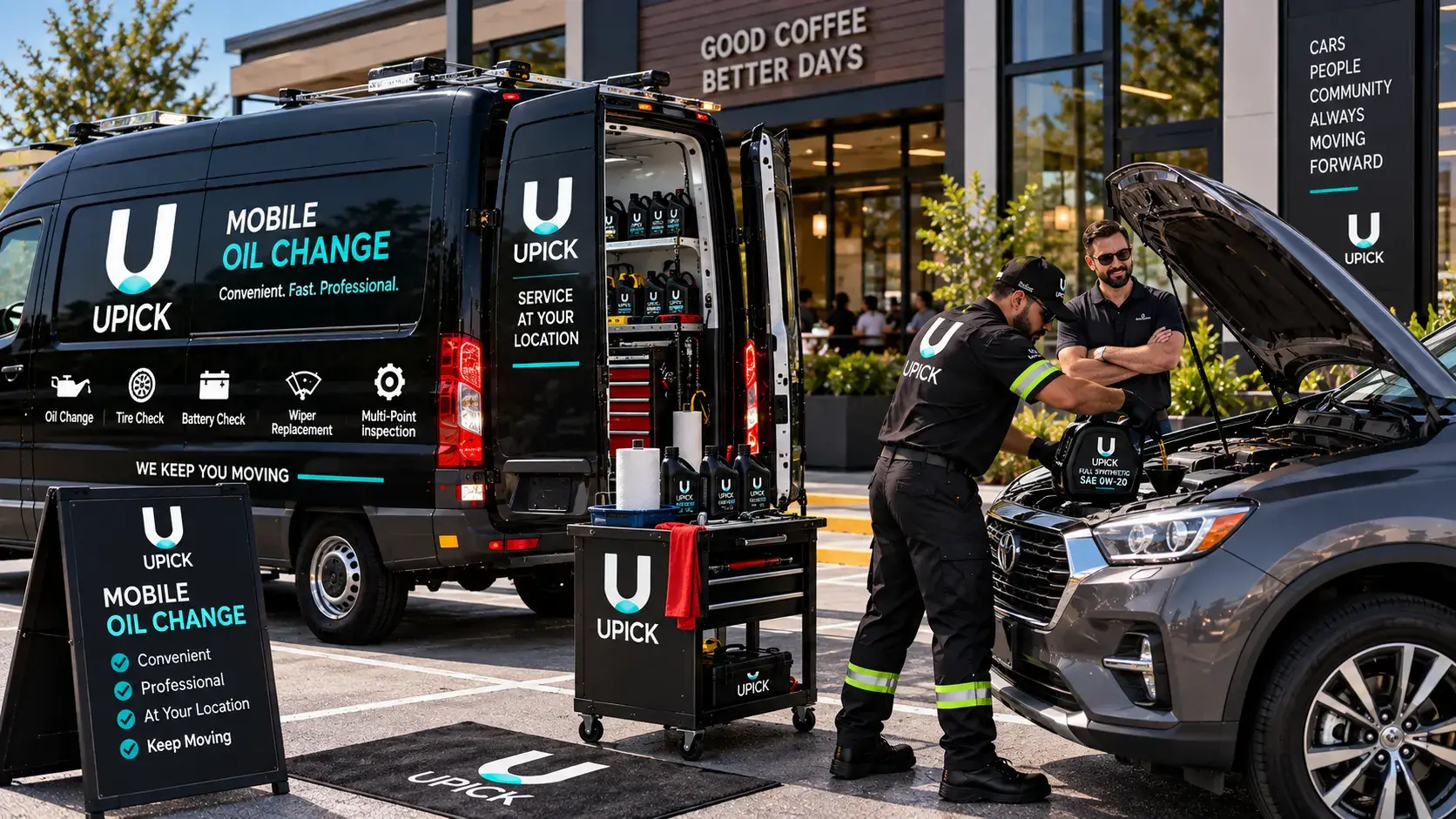 UPICK mobile technician servicing a vehicle outside a business