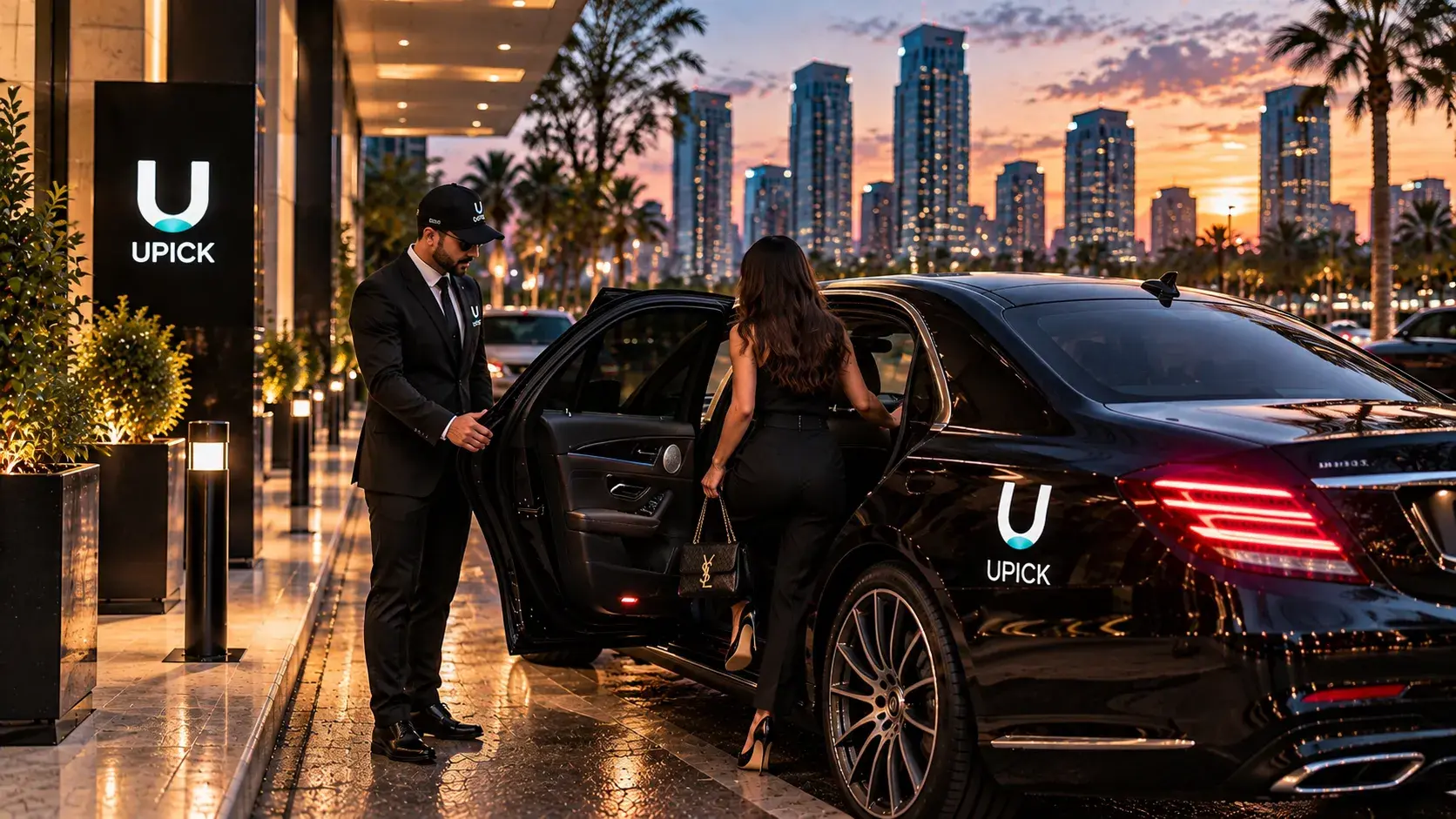 UPICK driver assisting a passenger into a rideshare vehicle